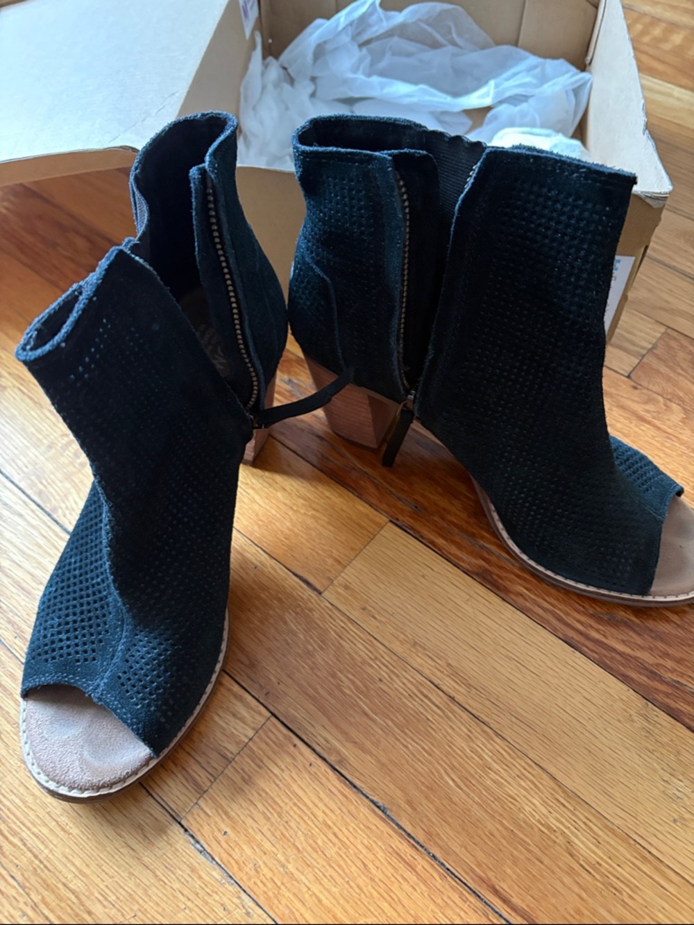 Toms Black Perforated Suede Peep-Toe Ankle Booties